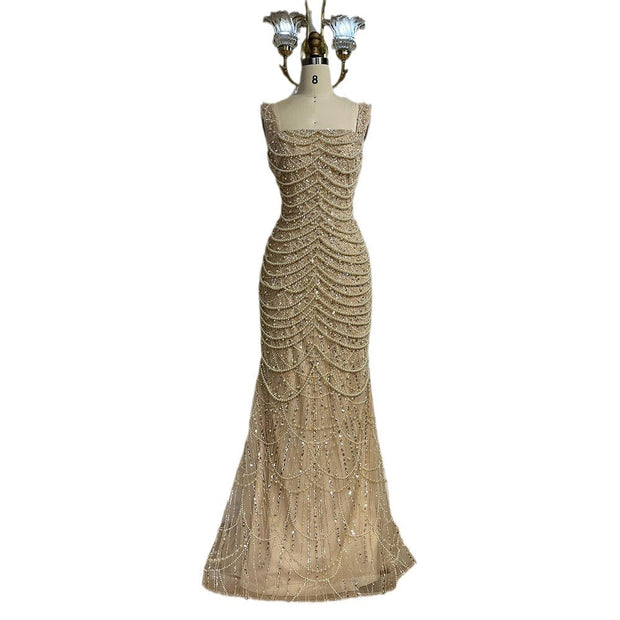 Nude Elegant Sling Light Luxury High-End Pearl Beaded Dress