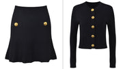 New Round Neck Metal Button Knitted Top Mid-Length Dress Set