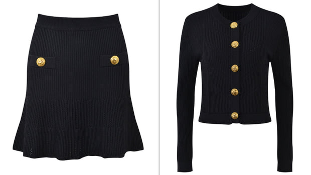New Round Neck Metal Button Knitted Top Mid-Length Dress Set