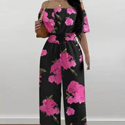 Ladies One Shoulder Floral Waist Cinching Off Shoulder Sexy Jumpsuit
