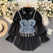 Diamond Beaded Puff Sleeve Shirt Top Tassel Pearl Sling Vest Two-Piece Set