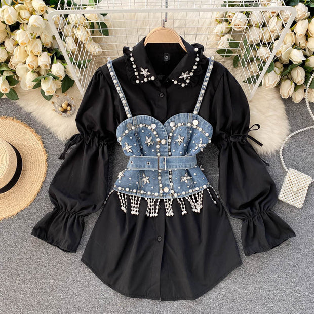 Diamond Beaded Puff Sleeve Shirt Top Tassel Pearl Sling Vest Two-Piece Set