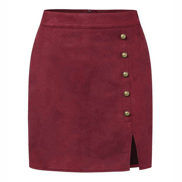 Women's Solid Color Suede High Waist Metal Buckle Skirt