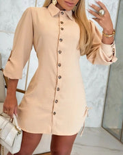 Lapel Button Dress With Drawstring Design Fashion Solid Color Long Sleeve Shirt