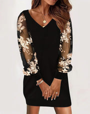 Lace Long-Sleeved V-Neck Splicing Dress