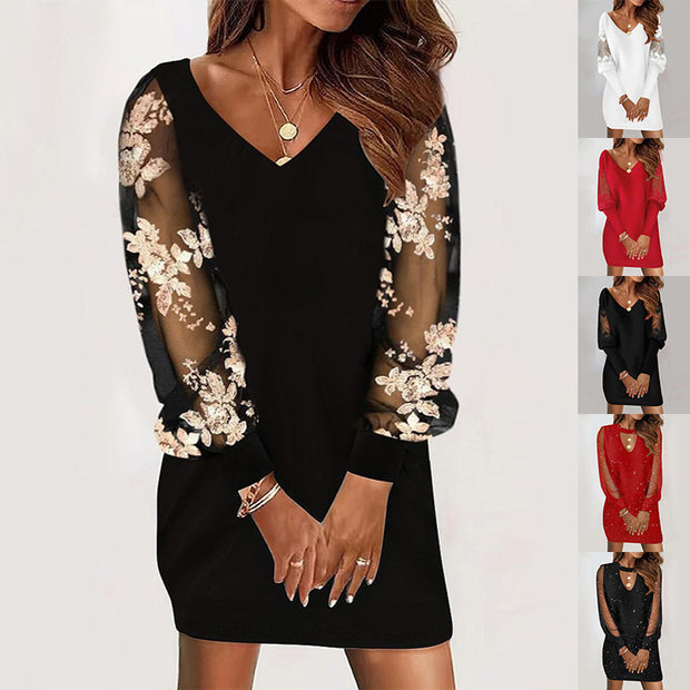 Lace Long-Sleeved V-Neck Splicing Dress