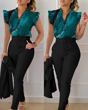 Women's Elegant Ruffled Sleeved Pants Suit With Belt
