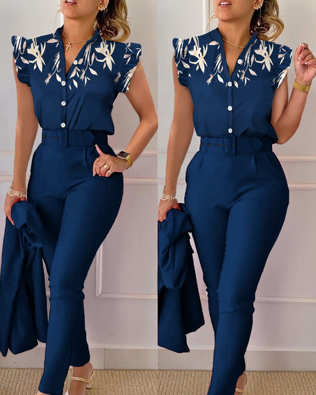 Women's Elegant Ruffled Sleeved Pants Suit With Belt
