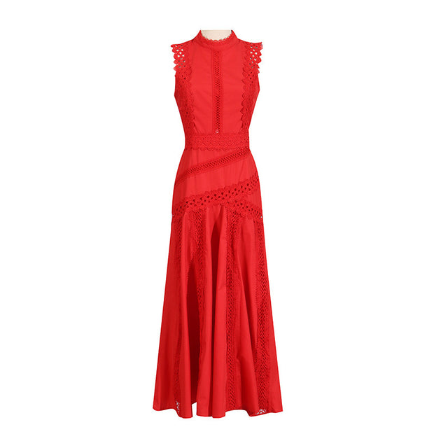 Round Neck Sleeveless Waist Lace Stitching Solid Color Dress