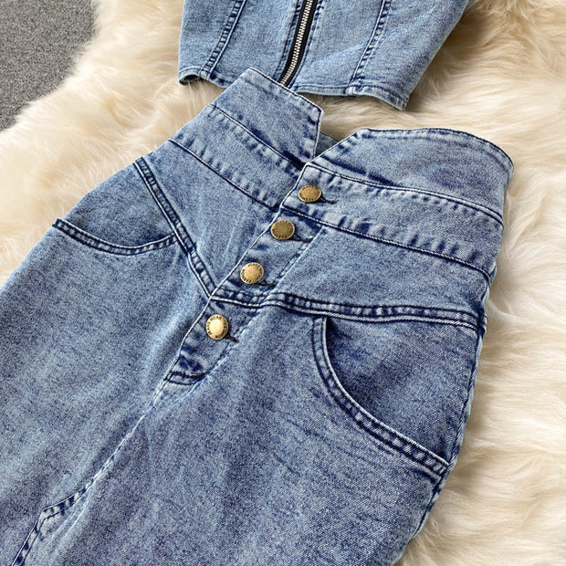 Short Camisole High Waist Denim Skirt