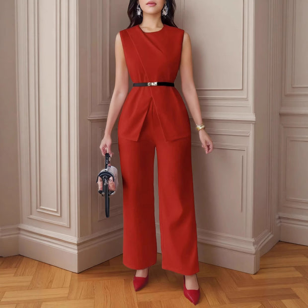 Women's Sleeveless Two-piece Pants Suit w/Belt