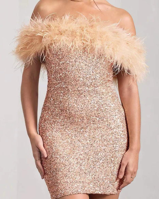 Feather Sequins Evening Dress