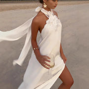 Women's Vintage White Crochet Halter Evening Dress