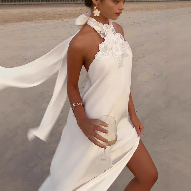 Women's Vintage White Crochet Halter Evening Dress