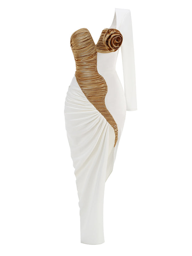 Fashion Design Golden Flower Shoulder Split Dress