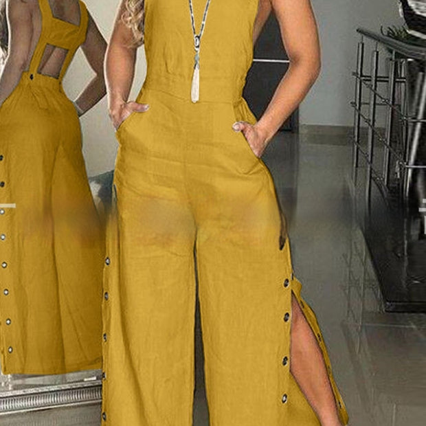 Women's Solid Color Sleeveless Side Pocket Casual Wide Leg Jumpsuit