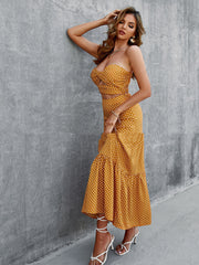 Women's Yellow Polka Dot Grain Condole Belt Dress