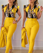 Women's Elegant Ruffled Sleeved Pants Suit With Belt
