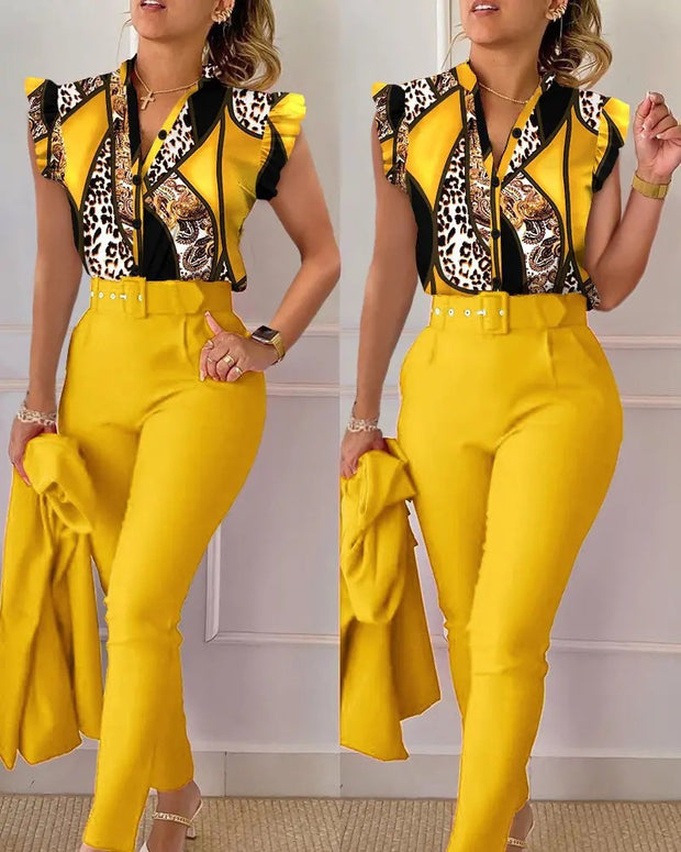 Women's Elegant Ruffled Sleeved Pants Suit With Belt
