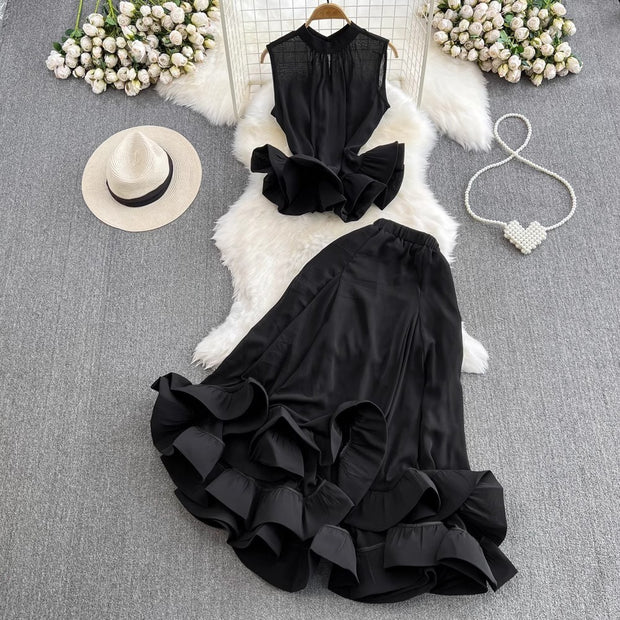 Women's Stand Collar Ruffled Fishtail Skirt Suit
