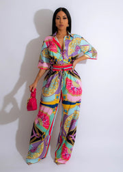 Women's Fan Patterned Pants Suit
