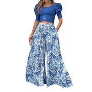 Puff Sleeved Cross Hem Wide Legged Pants Suit