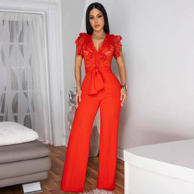 Personalized Line Lace Stitching Sleeveless Sports Fitness Jumpsuit