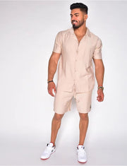 Men's Summer Lapels Cotton Linen Solid Color Short Sleeve Shorts Suit