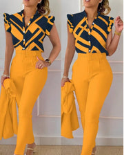 Women's Elegant Ruffled Sleeved Pants Suit With Belt