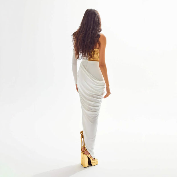 Fashion Design Golden Flower Shoulder Split Dress
