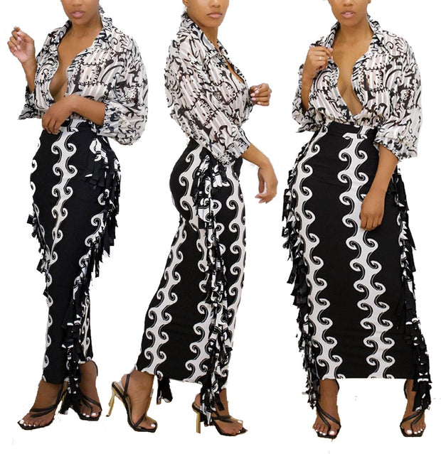 European And American Creative Casual Slim-fit Tassel Black And White Print Sexy Skirt