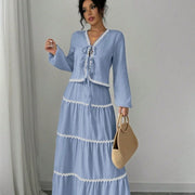 Women's Lace Layered Pleated Lantern Sleeve Bow Shirt And Skirt Suit