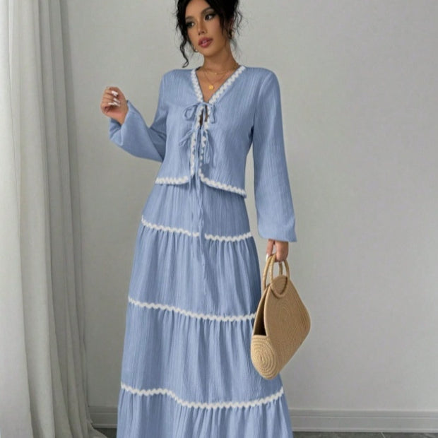 Women's Lace Layered Pleated Lantern Sleeve Bow Shirt And Skirt Suit