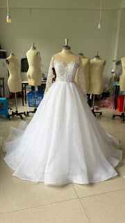 Embroidered Long Lace Sleeved Off-The-Shoulder Wedding Dress
