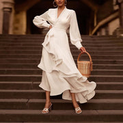 Elegant White Layered Ruffles Satin Dress
