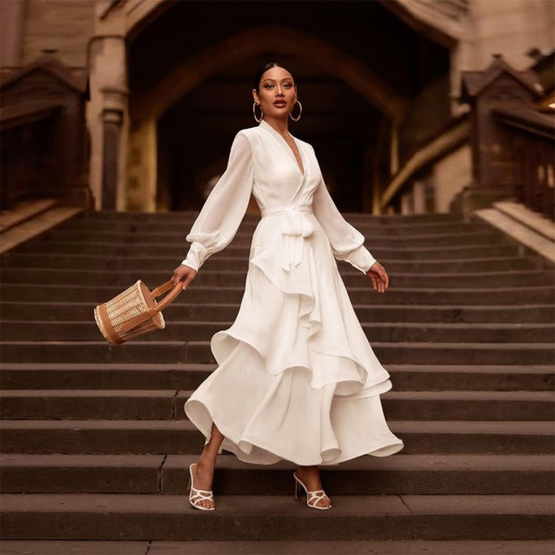 Elegant White Layered Ruffles Satin Dress
