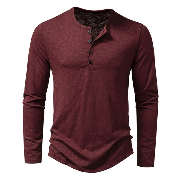 Mens Clothing Long Sleeve T-shirt Fashion Button Henry Collar Tops