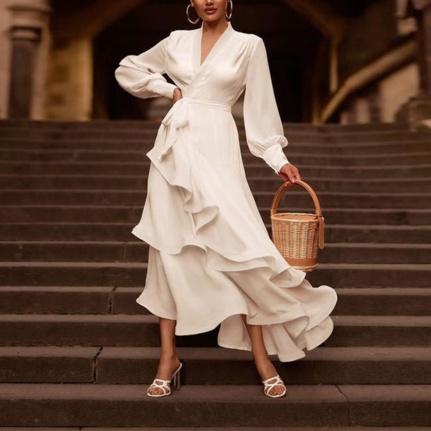 Elegant White Layered Ruffles Satin Dress