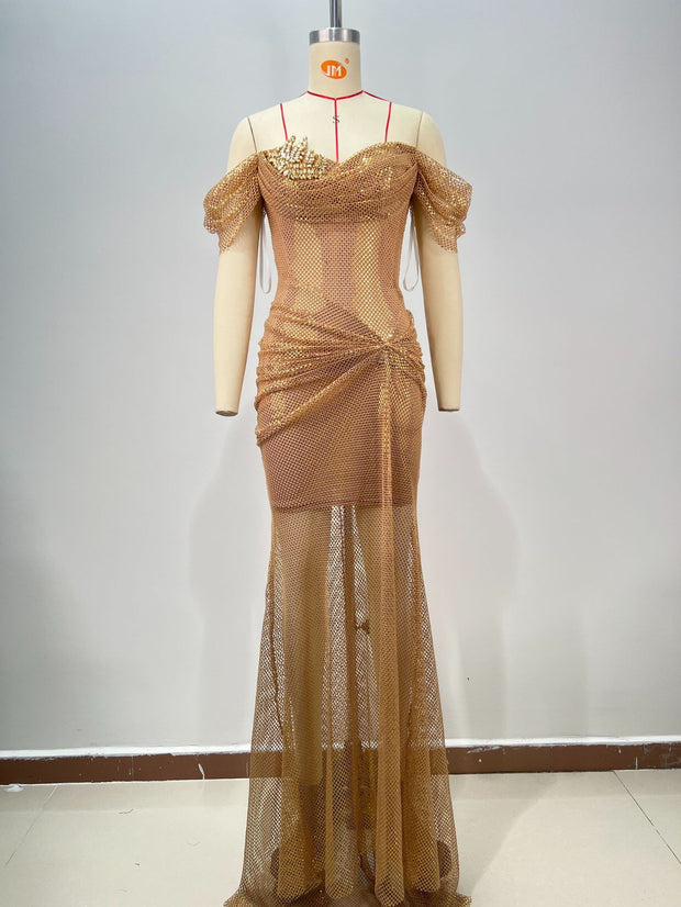 Elegant Fashionable Golden Off-shoulder Backless Slim Fit Pleated Long And Floor Dress