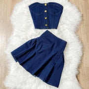 Denim Tube Top Two-Piece Skirt Set
