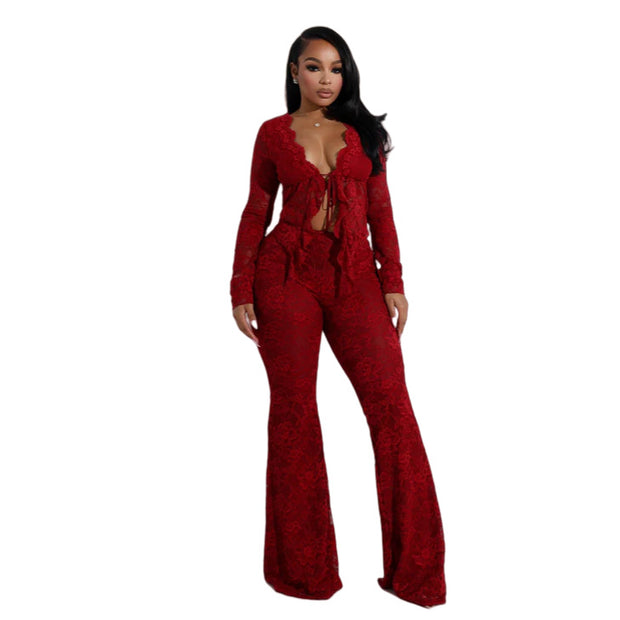 Women's Sexy Lacing Hollow Cardigan Two-Piece Pants Suit
