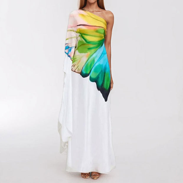Elegant Satin One-Shoulder Butterfly Dress