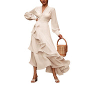 Elegant White Layered Ruffles Satin Dress