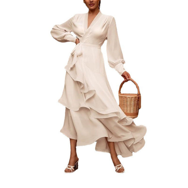 Elegant White Layered Ruffles Satin Dress