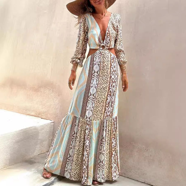 Printed V-neck Midriff Outfit Lace Long Sleeve Dress