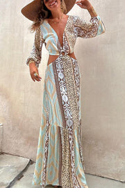 Printed V-neck Midriff Outfit Lace Long Sleeve Dress