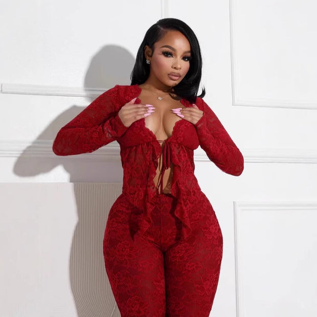 Women's Sexy Lacing Hollow Cardigan Two-Piece Pants Suit