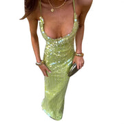 Women's Fashion Design Sequined Suspender Backless Long Dress