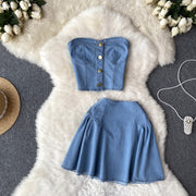 Denim Tube Top Two-Piece Skirt Set