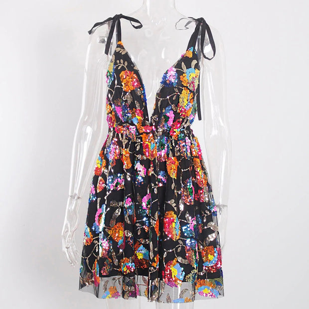 V Backless Sequins Floral Dresses